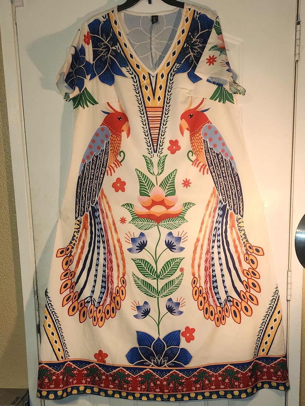 SHEIN Cream Maxi Dress with Multicolor Parrot & Floral Print